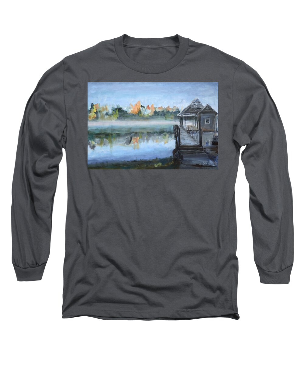 Lake Long Sleeve T-Shirt featuring the painting Misty Morning Dock at Smith Mountain Lake by Donna Tuten