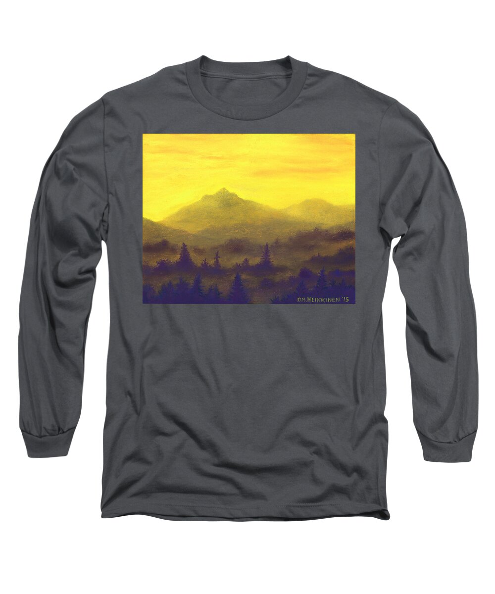 Misty Long Sleeve T-Shirt featuring the pastel Misty Mountain Gold 01 by Michael Heikkinen