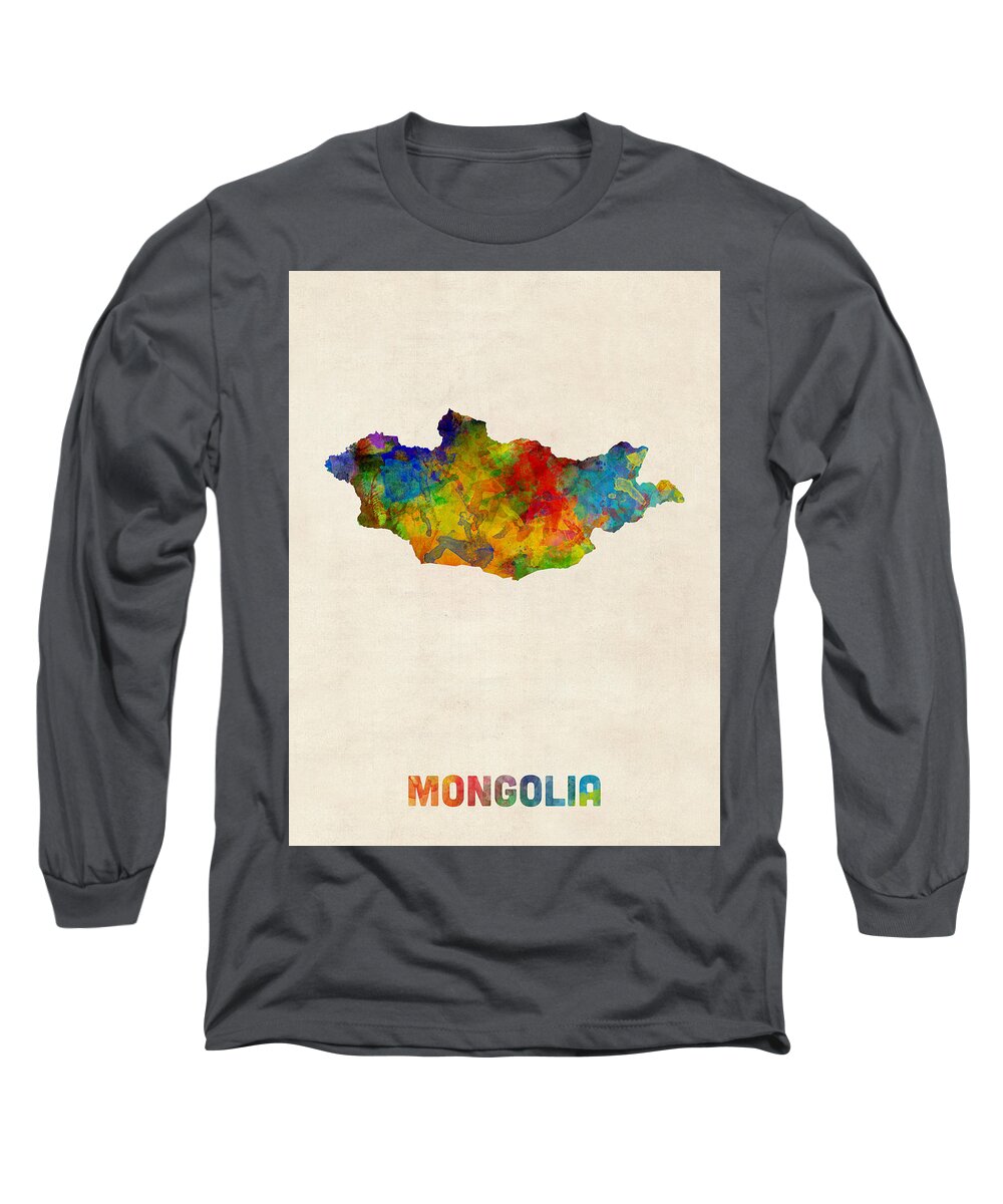 Mongolia Long Sleeve T-Shirt featuring the digital art Mongolia Watercolor Map by Michael Tompsett