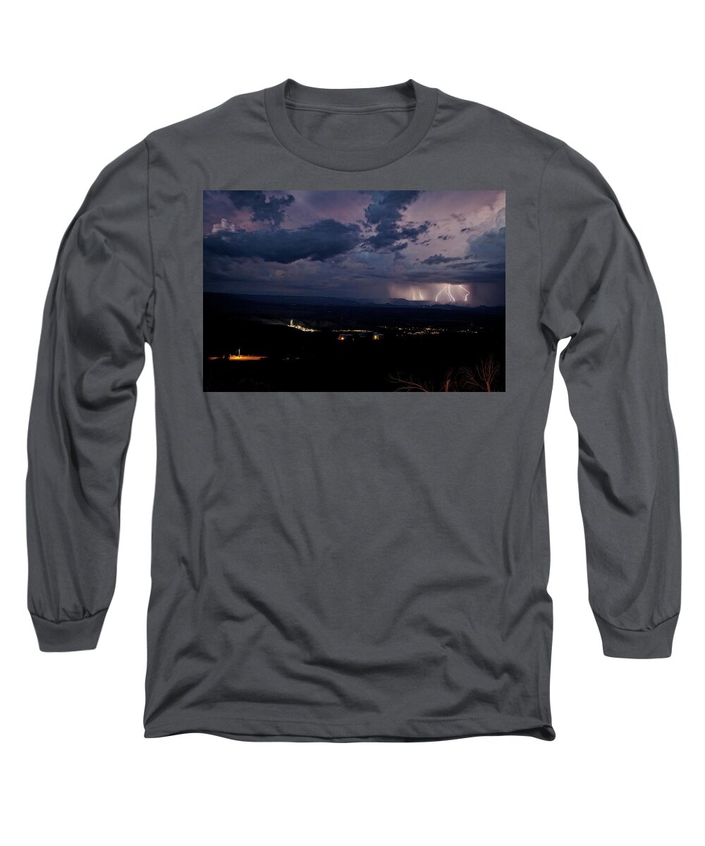 Dramatic Long Sleeve T-Shirt featuring the photograph Monsoon Lightning over Sedona from Jerome AZ by Ron Chilston