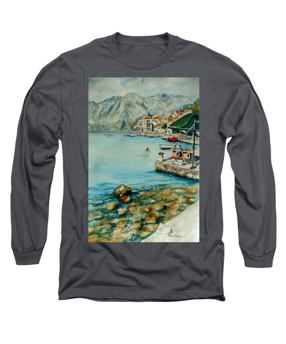 Rocks Long Sleeve T-Shirt featuring the painting Montenegro Coast I by Sonia Mocnik
