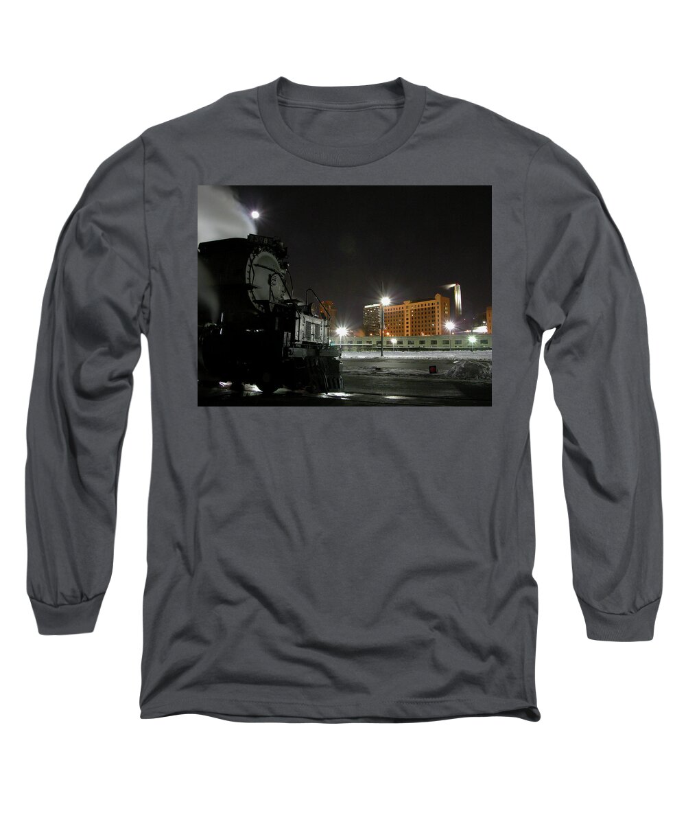 Kansas City Union Train Station Long Sleeve T-Shirt featuring the photograph Moon and Steam by Tim Mulina