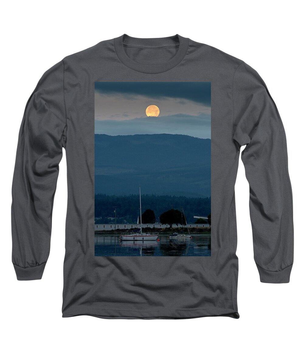 Blue Heron Comox British Columbia Pacific Ocean Canada Birds Wildlife. Ocean West Coast Miracle Beach Bald Eagle Moon Long Sleeve T-Shirt featuring the photograph Moon Over The Spit by Edward Kovalsky