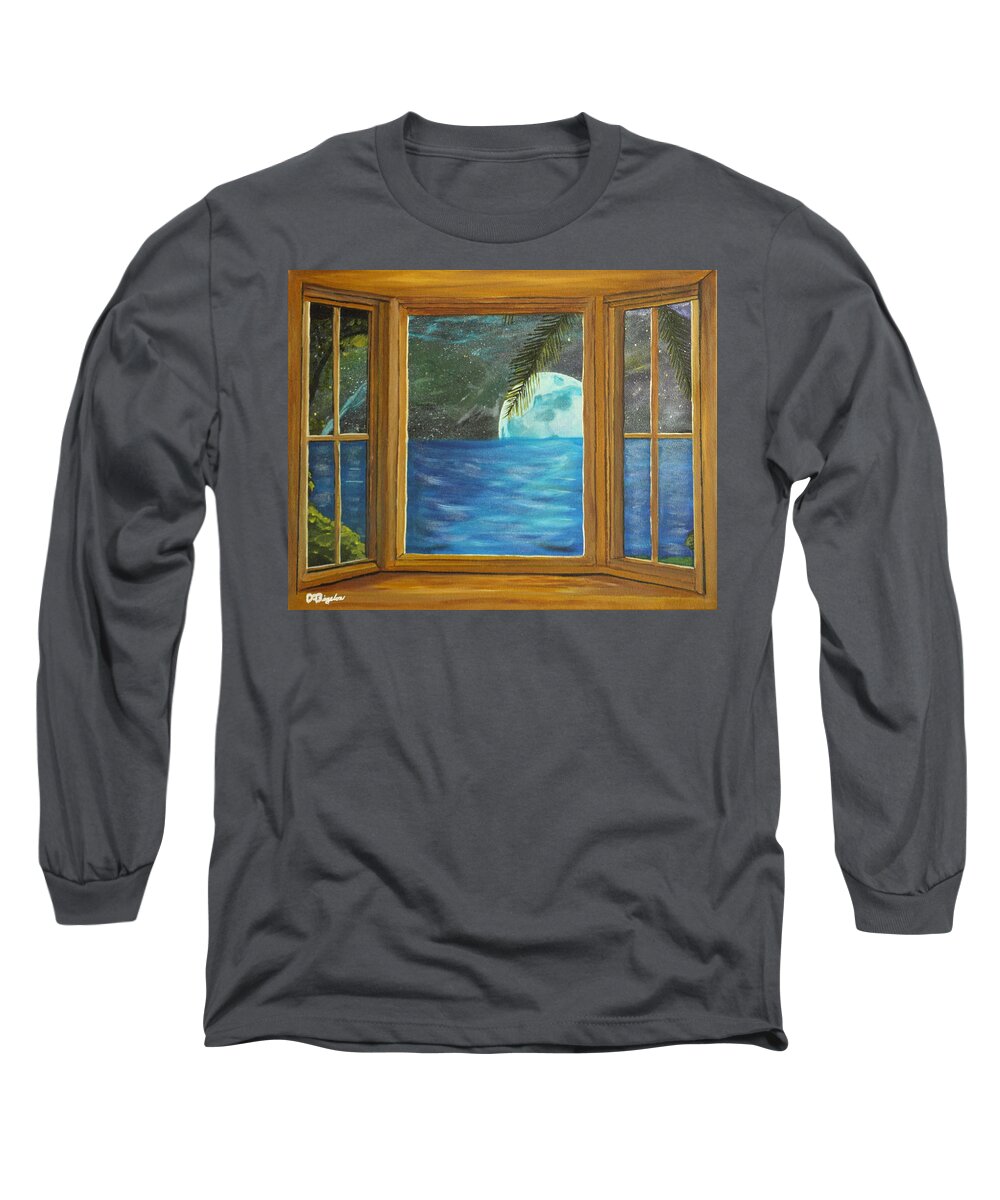 Blue Moon Long Sleeve T-Shirt featuring the painting Moon window by David Bigelow