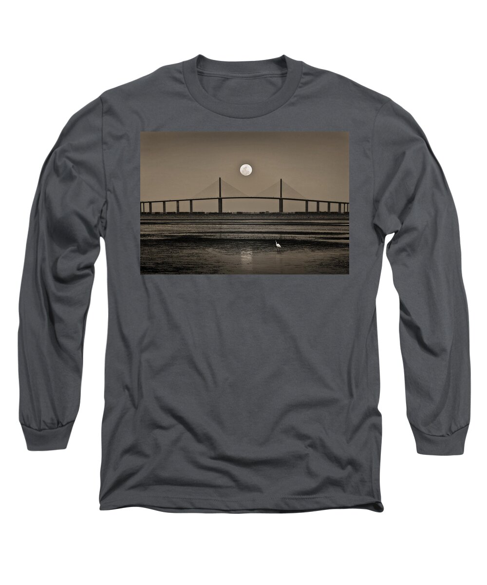 Moon Long Sleeve T-Shirt featuring the photograph Moonrise Over Skyway Bridge by Steven Sparks