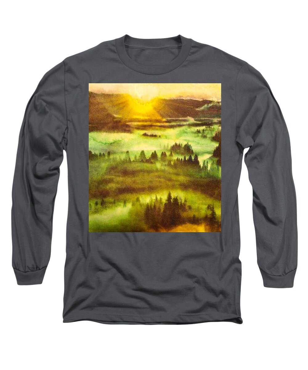 Watercolor Long Sleeve T-Shirt featuring the painting Morning Fog Lifting by Cara Frafjord