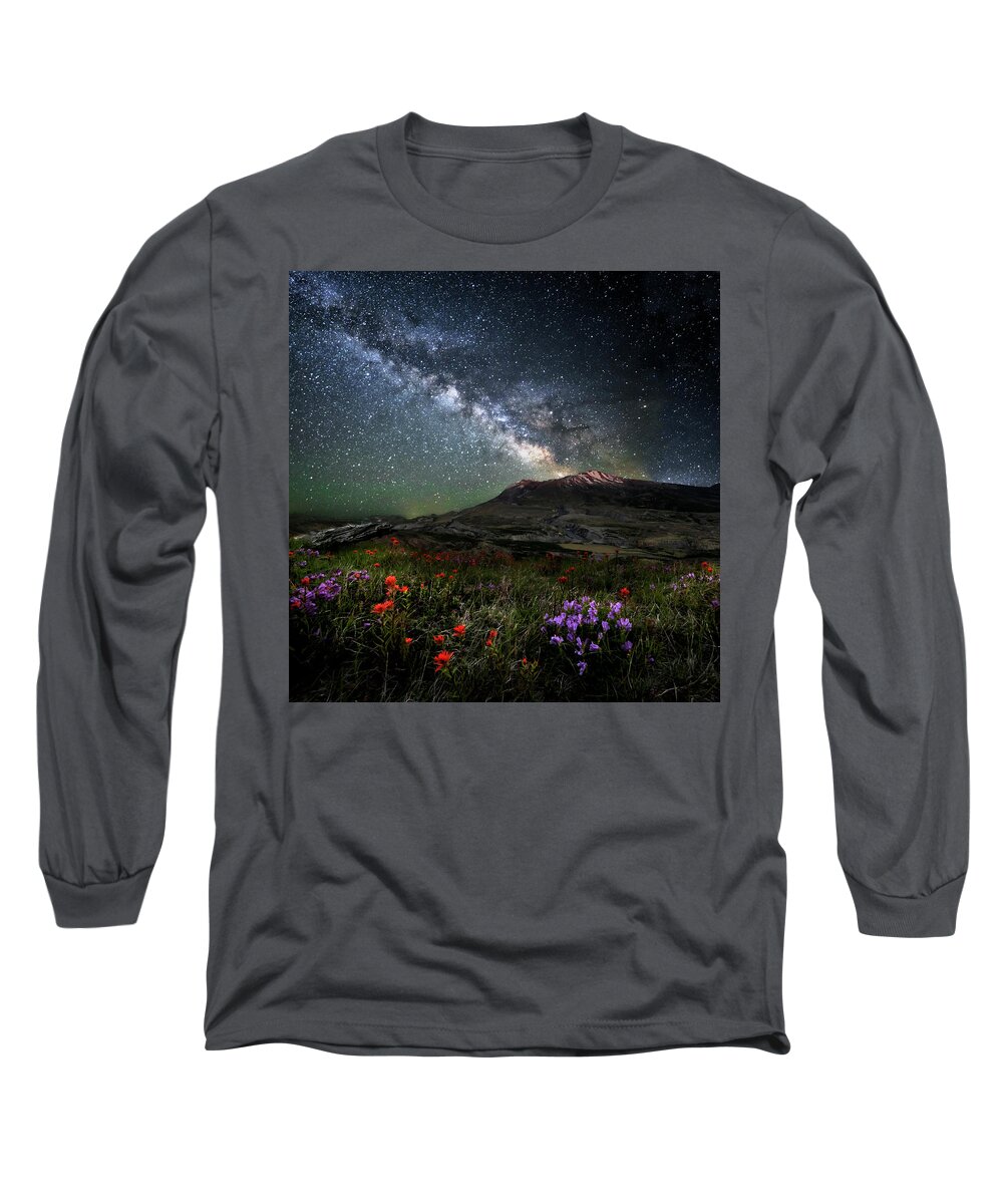 Mount St Helens Milky Way Eruption Last Light Long Sleeve T-Shirt featuring the photograph Mount St Helens Milky Way Eruption Last Light by Wes and Dotty Weber