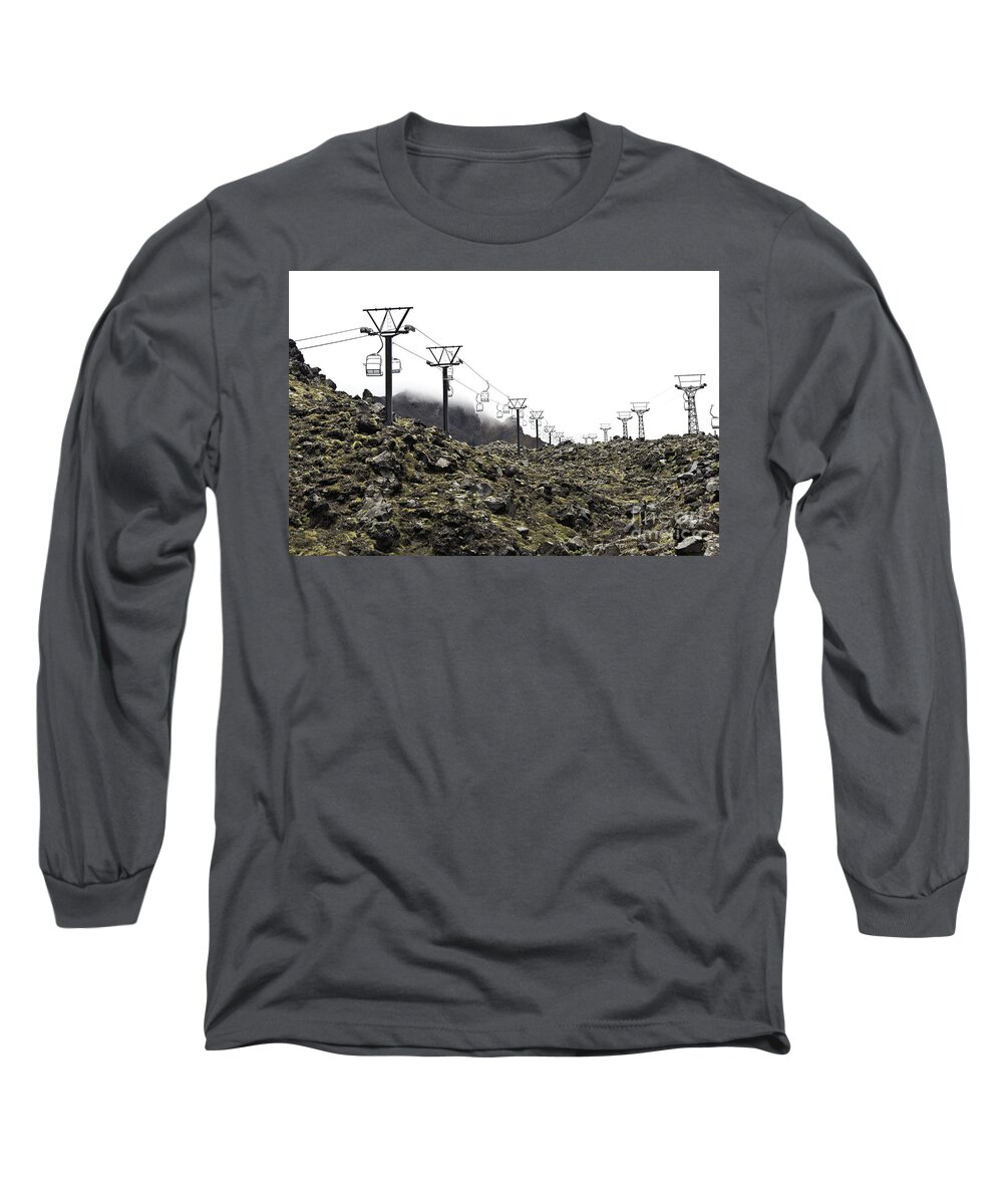 Cable Long Sleeve T-Shirt featuring the photograph Mountain Cable road waiting for snow. Mount Ruapehu. New Zealand by Yurix Sardinelly