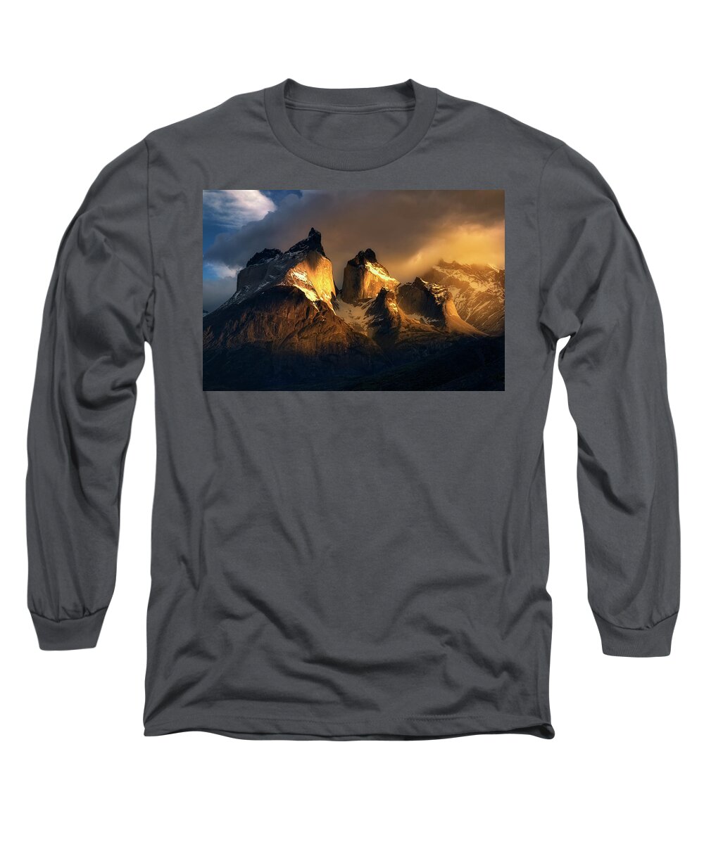 Paine Massif Long Sleeve T-Shirt featuring the photograph Mountain Golden Glow by Nicki Frates
