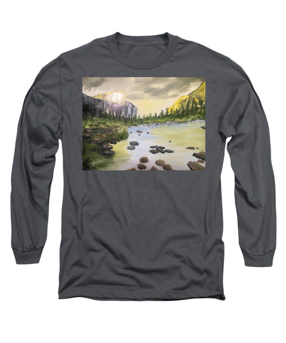 Mountains Long Sleeve T-Shirt featuring the painting Mountains and Stream by David Bartsch