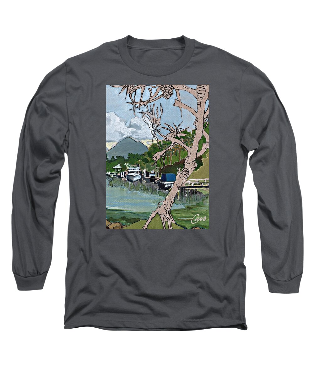 Noosa & Nearby Long Sleeve T-Shirt featuring the painting Mt Cooroy from Noosa Sound by Joan Cordell