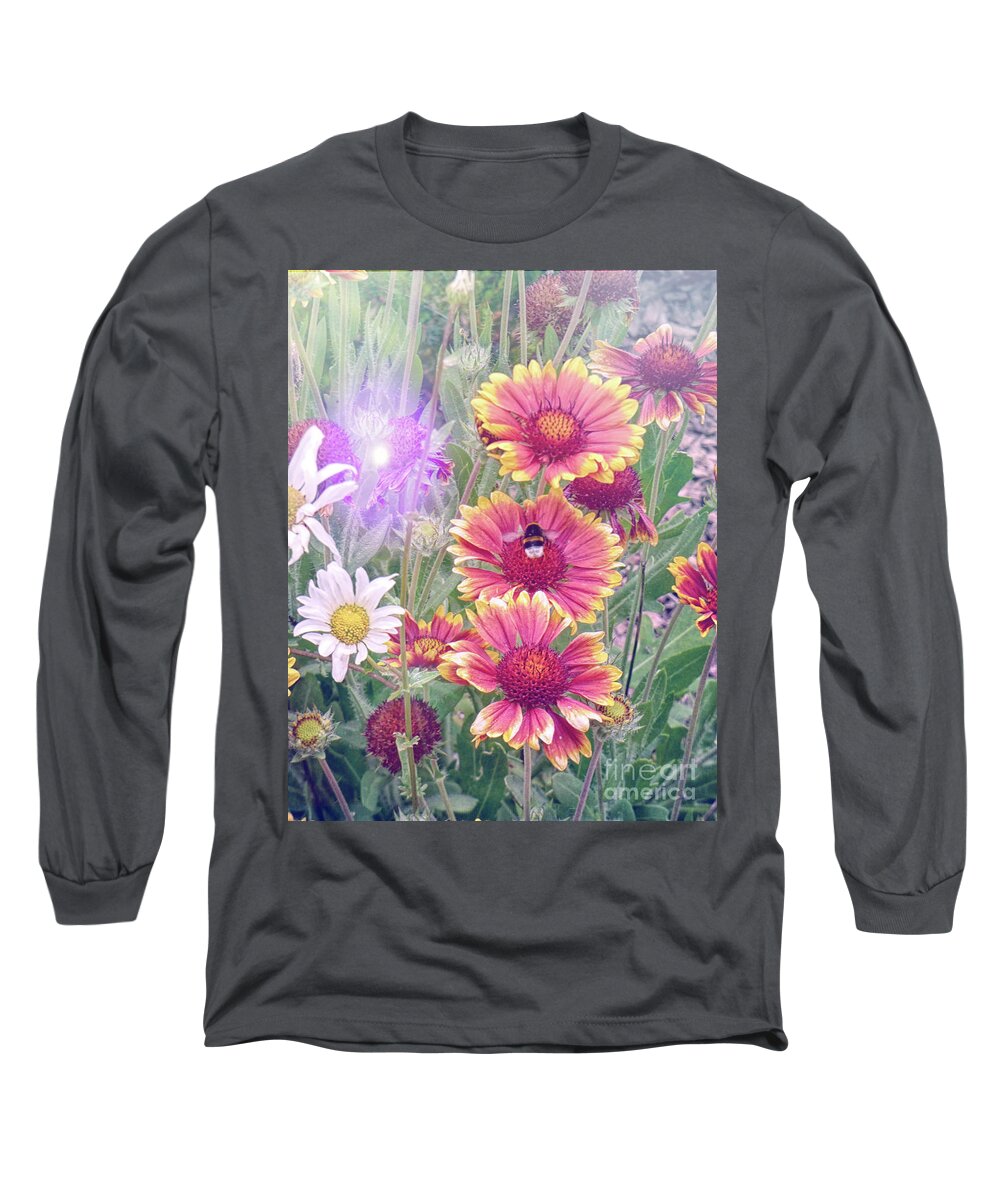 Flowers Long Sleeve T-Shirt featuring the photograph Multi Coloured Flowers with Bee by Lynn Bolt