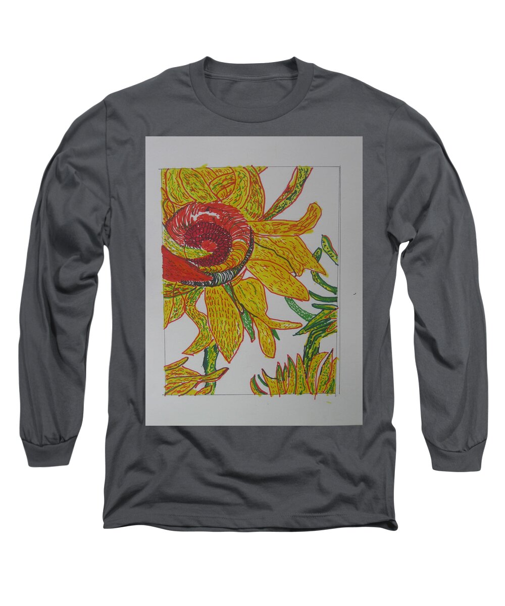 Sunflower Long Sleeve T-Shirt featuring the drawing My Version Of A Van Gogh Sunflower by AJ Brown
