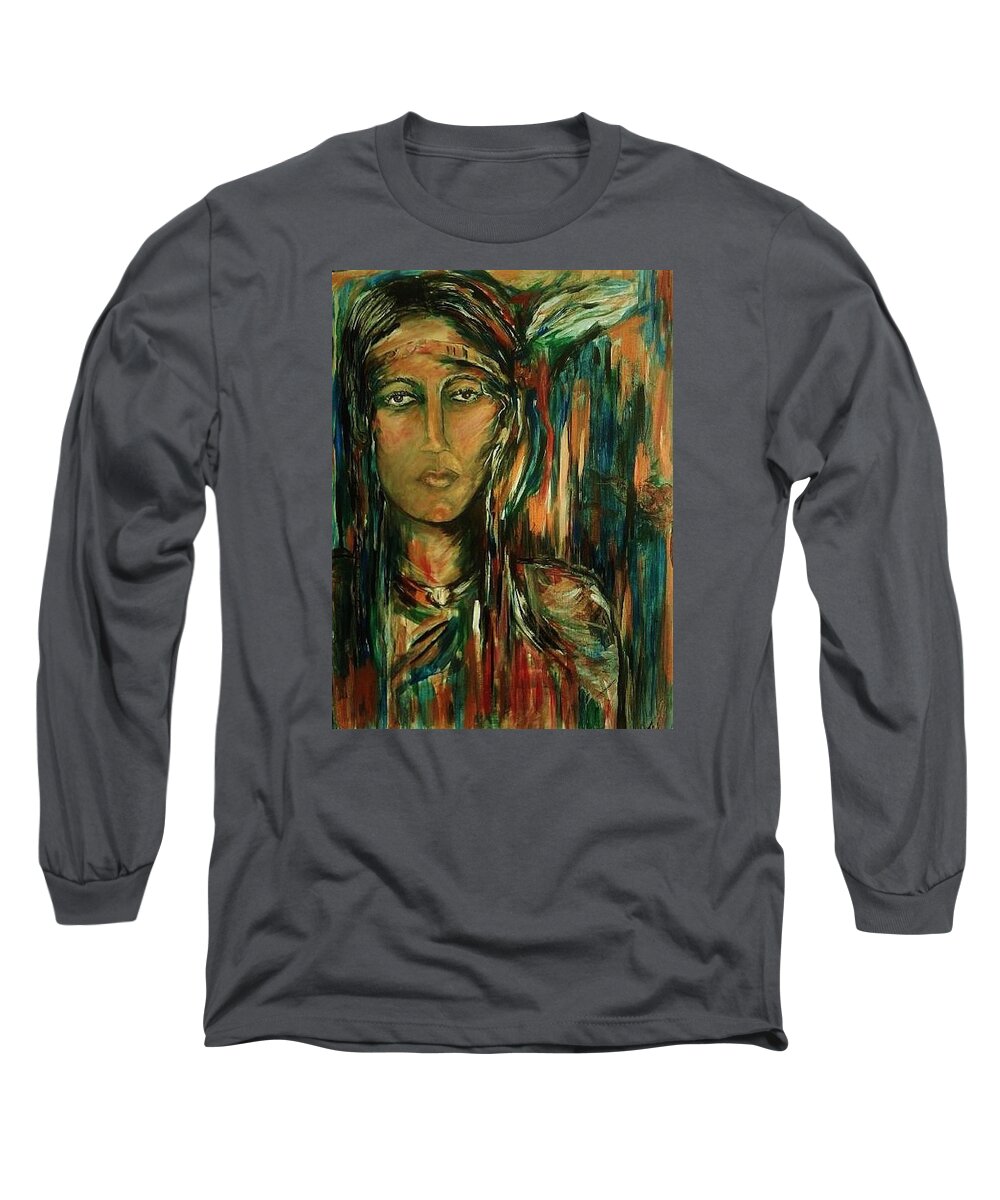 Cherokee Long Sleeve T-Shirt featuring the painting Nancy Ward Beloved Woman Nanye by Dawn Caravetta
