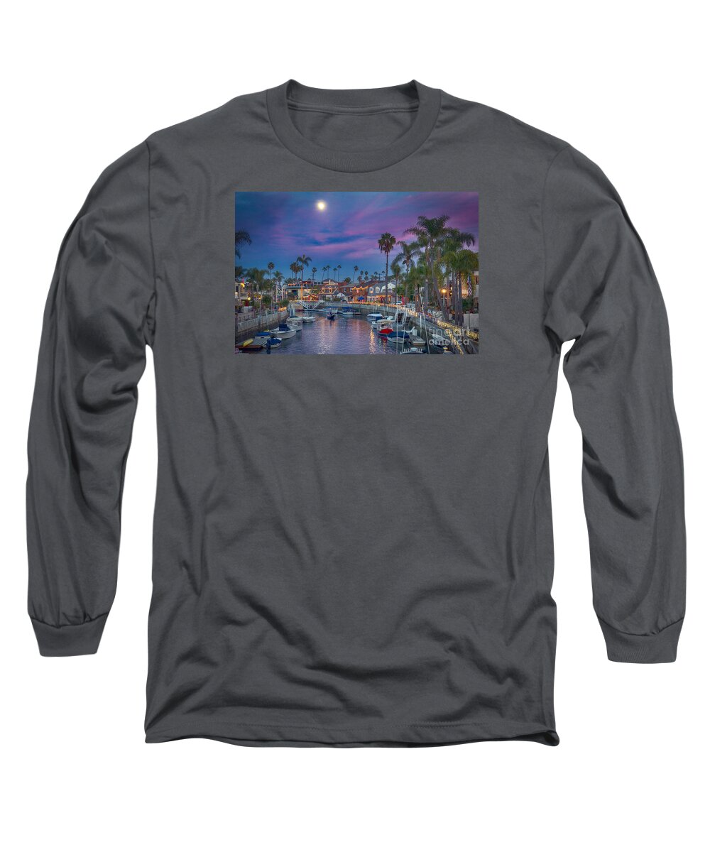 Naples Canals Long Sleeve T-Shirt featuring the photograph Naples Canal Gondolier Full Moon at Sunset by David Zanzinger
