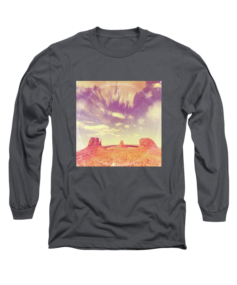 Landscape Long Sleeve T-Shirt featuring the photograph Navajo Country - America As Vintage Album Art by Little Bunny Sunshine