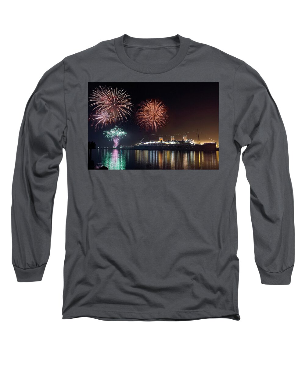 Rms Queenmary Long Sleeve T-Shirt featuring the photograph New Years with The Queen Mary by Denise Dube