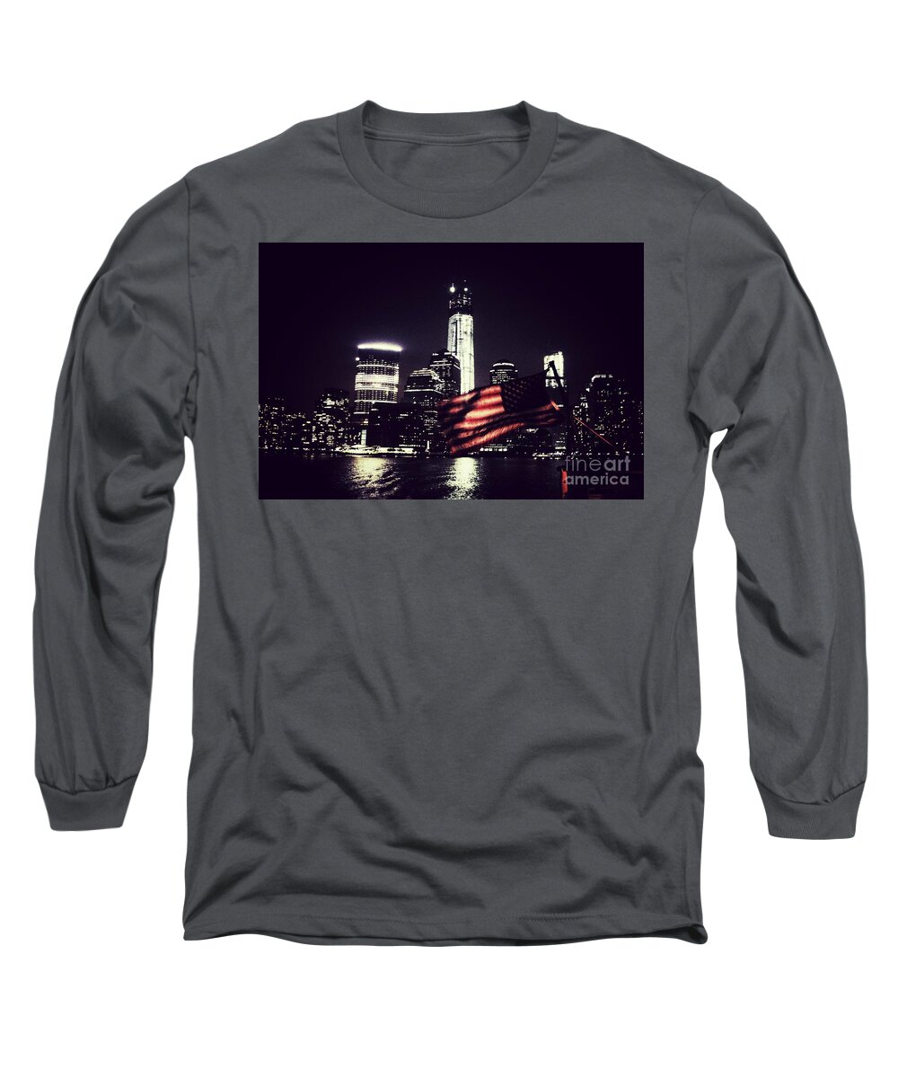 New York City Skyline Long Sleeve T-Shirt featuring the photograph Night Flag by HELGE Art Gallery