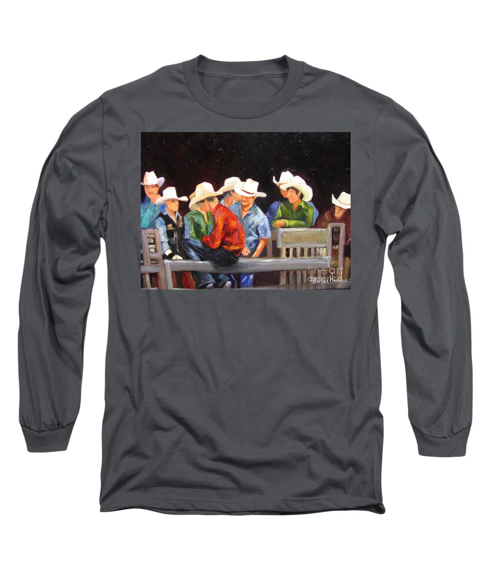 Cowboys Long Sleeve T-Shirt featuring the painting Nine Cowboys on a Fence by Barbara Haviland