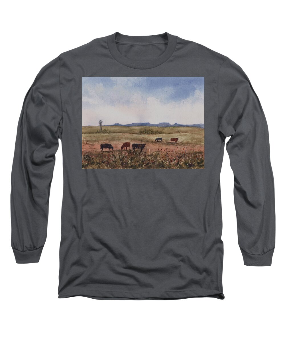 Cattle Long Sleeve T-Shirt featuring the painting Northwest Oklahoma Cattle Country by Sam Sidders