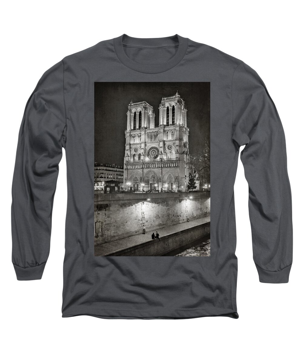 Notre Dame Long Sleeve T-Shirt featuring the photograph Notre Dame Night BW by Joan Carroll