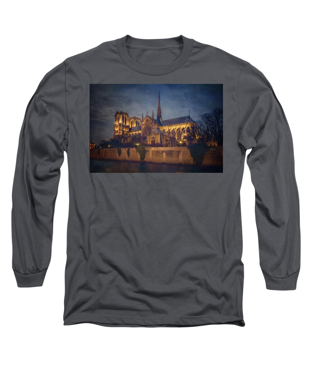 Joan Carroll Long Sleeve T-Shirt featuring the photograph Notre Dame on the Seine Textured by Joan Carroll