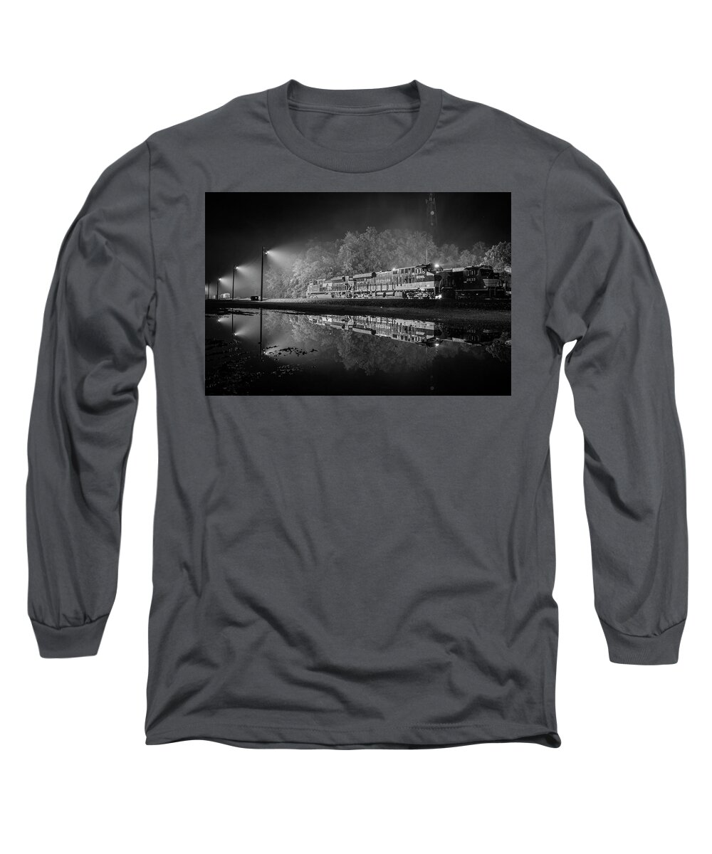 #railroad #railroads Train #trains Long Sleeve T-Shirt featuring the photograph NS Heritage 8099, Southern Unit in Black and White by Jim Pearson