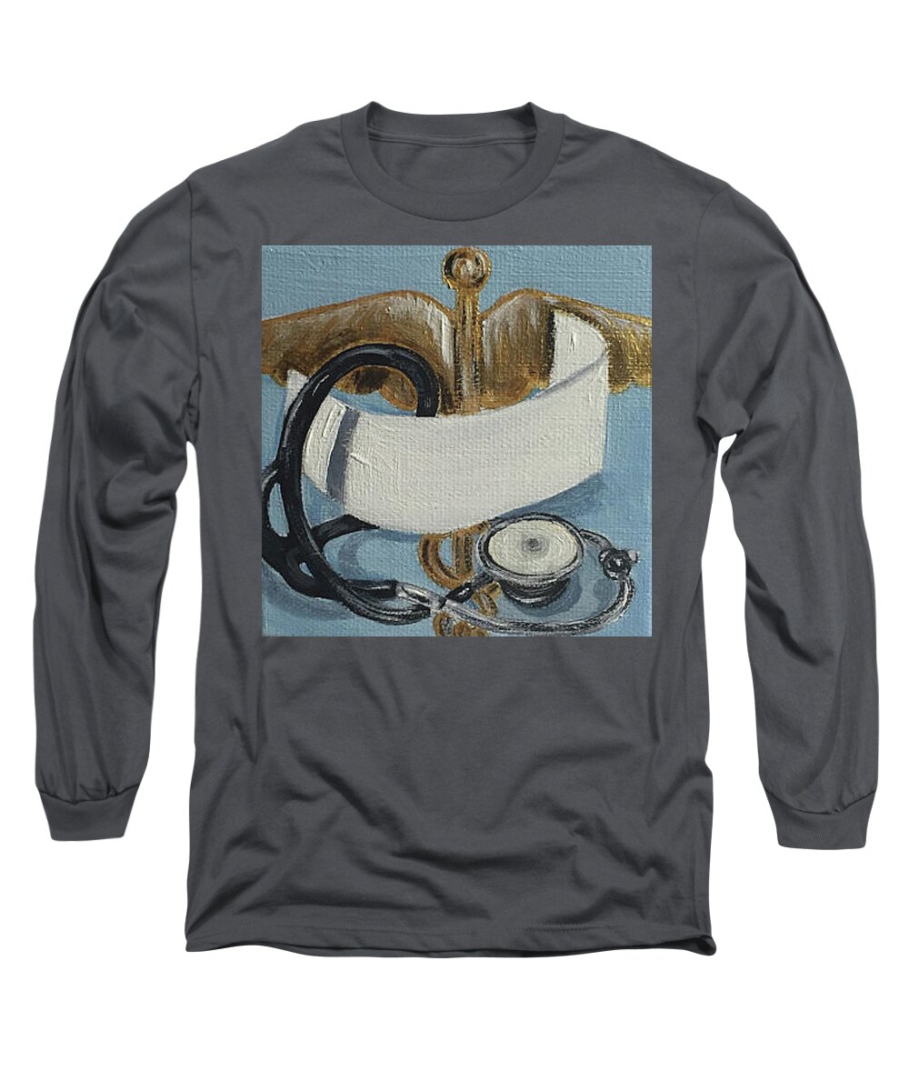 Nursing Long Sleeve T-Shirt featuring the painting Nursing Cap, Stethoscope by Melissa Torres