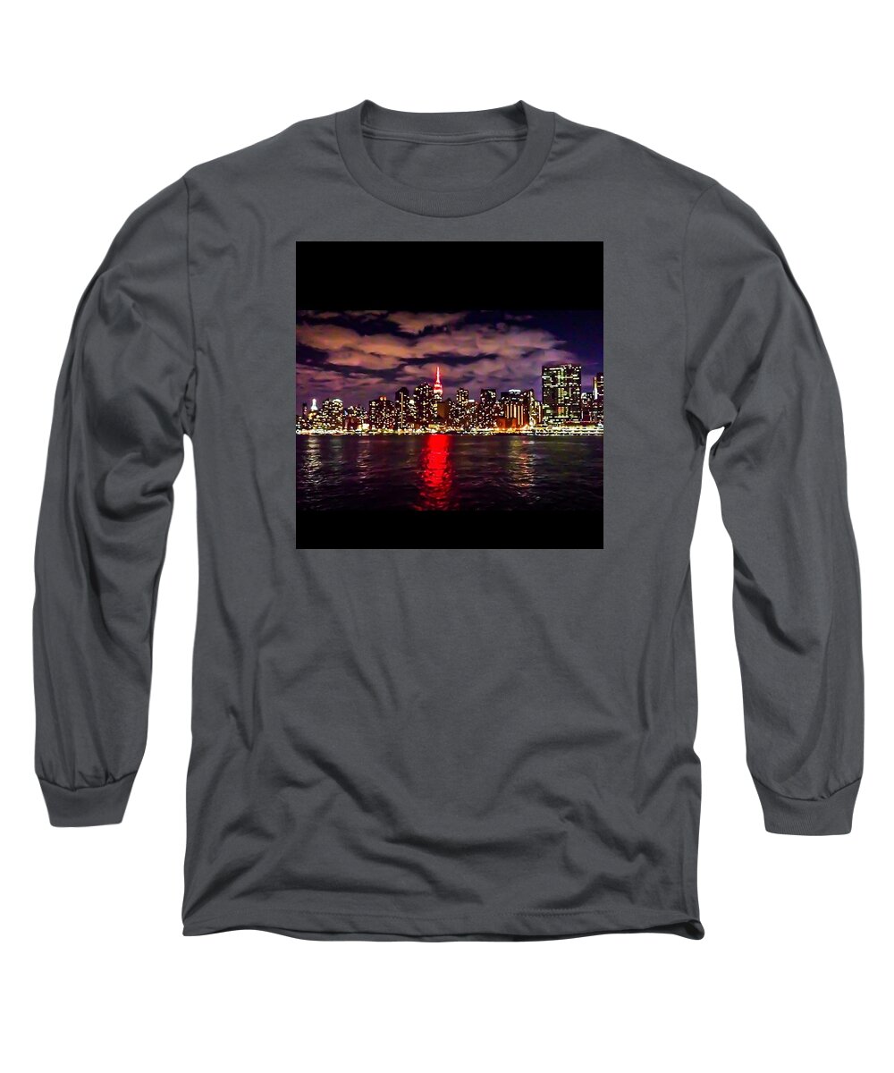 New York City- Manhattan Skyline At Nights Long Sleeve T-Shirt featuring the photograph Nyc Skyline by Diya Baichu
