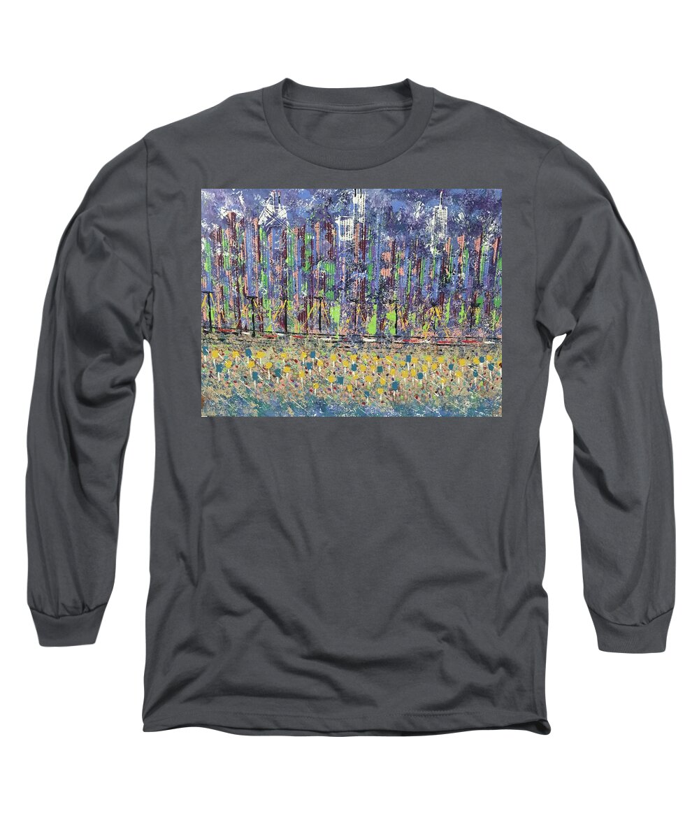 Abstract Long Sleeve T-Shirt featuring the painting Oak Street Beach from the Outer Drive by George Riney