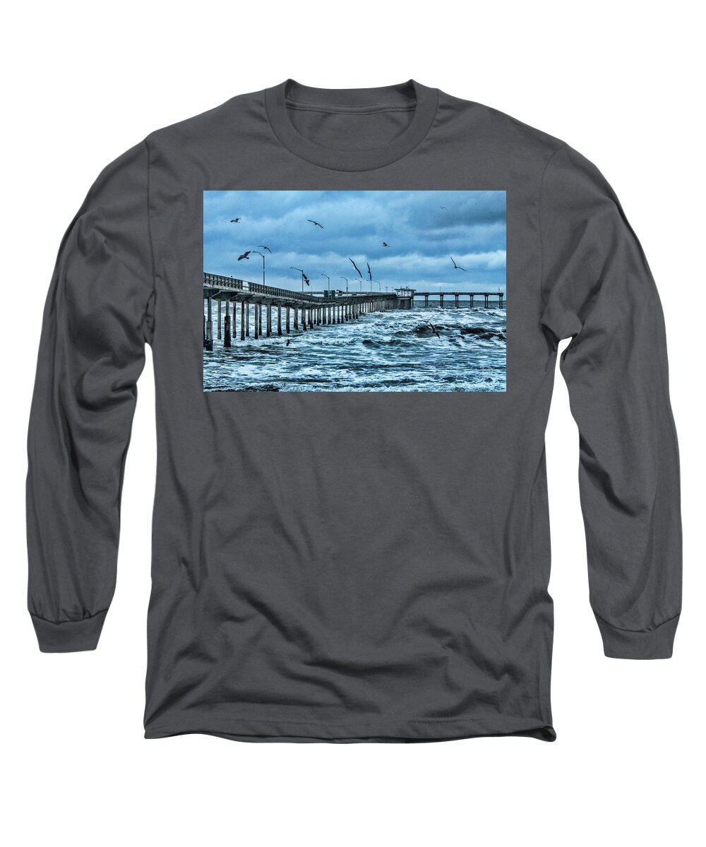 Ocean Beach Fishing Pier Long Sleeve T-Shirt featuring the digital art Ocean Beach Fishing Pier by Daniel Hebard