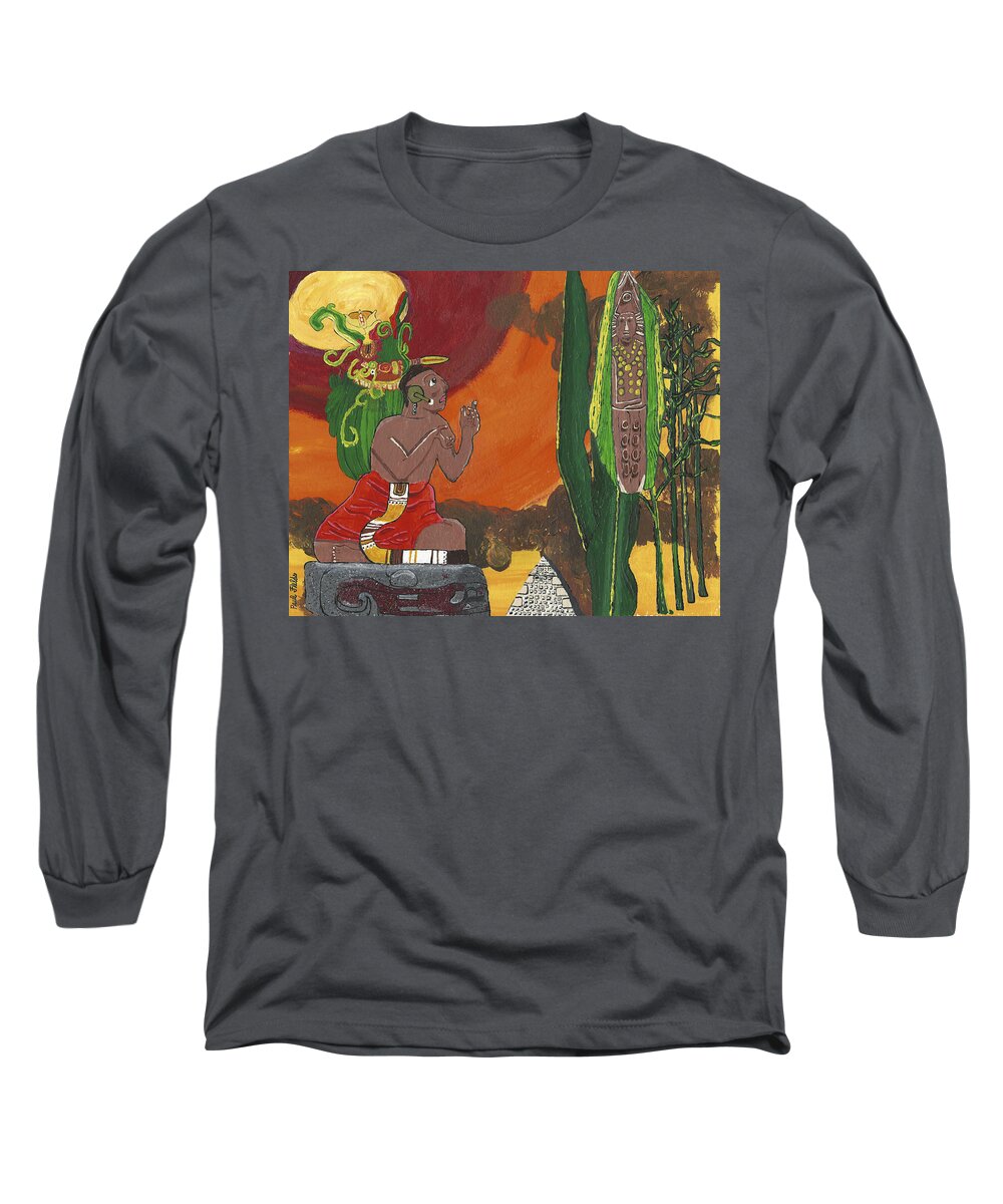 Aztec Long Sleeve T-Shirt featuring the painting October  Priest Receives Corn by Paul Fields