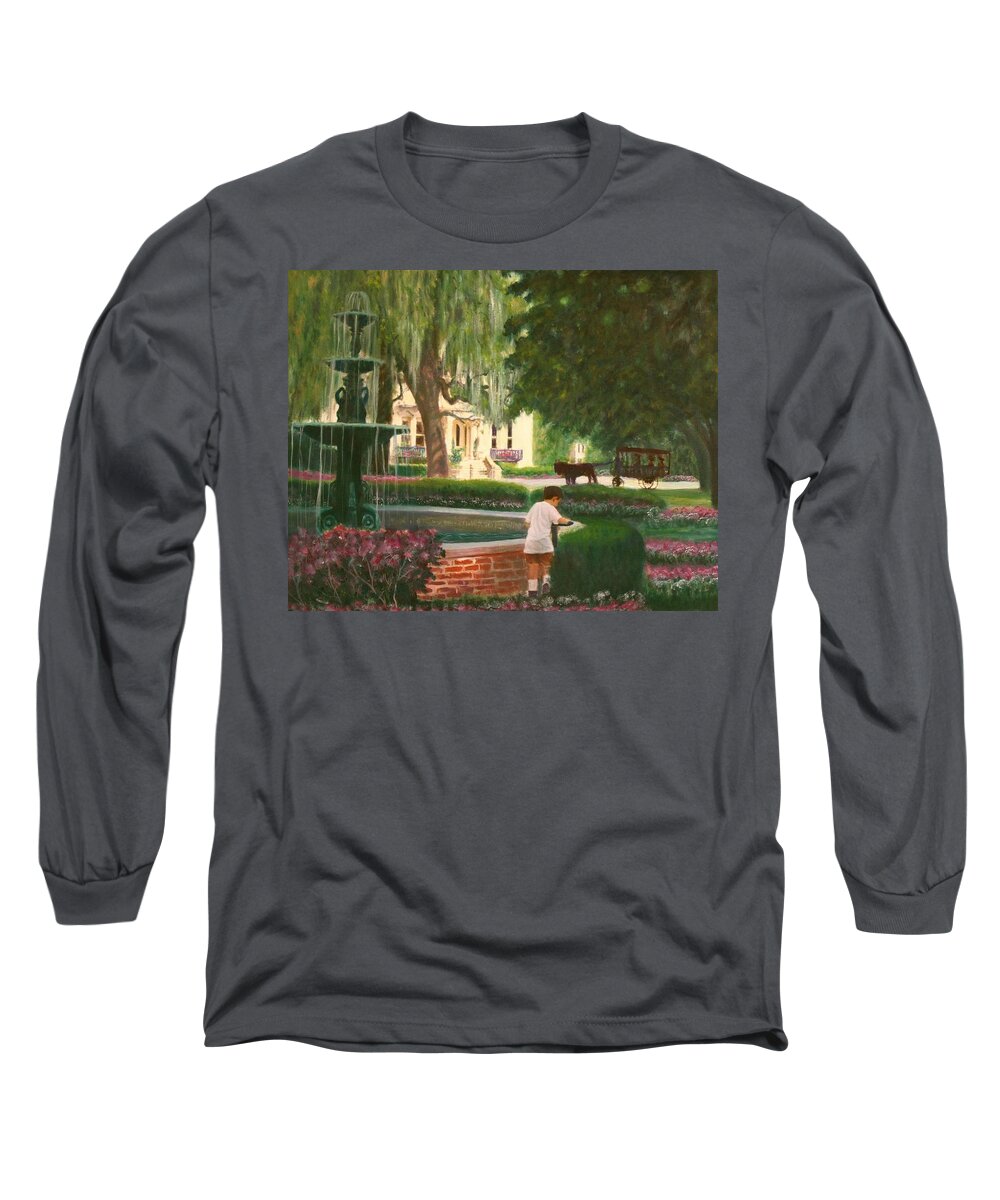 Savannah; Fountain; Child; House Long Sleeve T-Shirt featuring the painting Old And Young Of Savannah by Ben Kiger