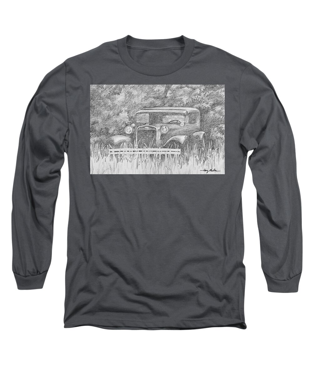 Antique Long Sleeve T-Shirt featuring the drawing Old Car at Rest by Harry Moulton