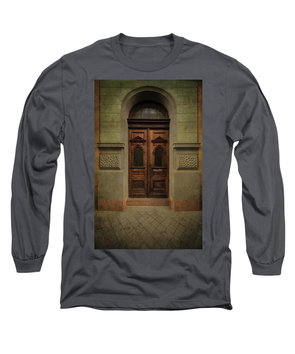 Gate Long Sleeve T-Shirt featuring the photograph Old ornamented wooden gate in brown tones by Jaroslaw Blaminsky