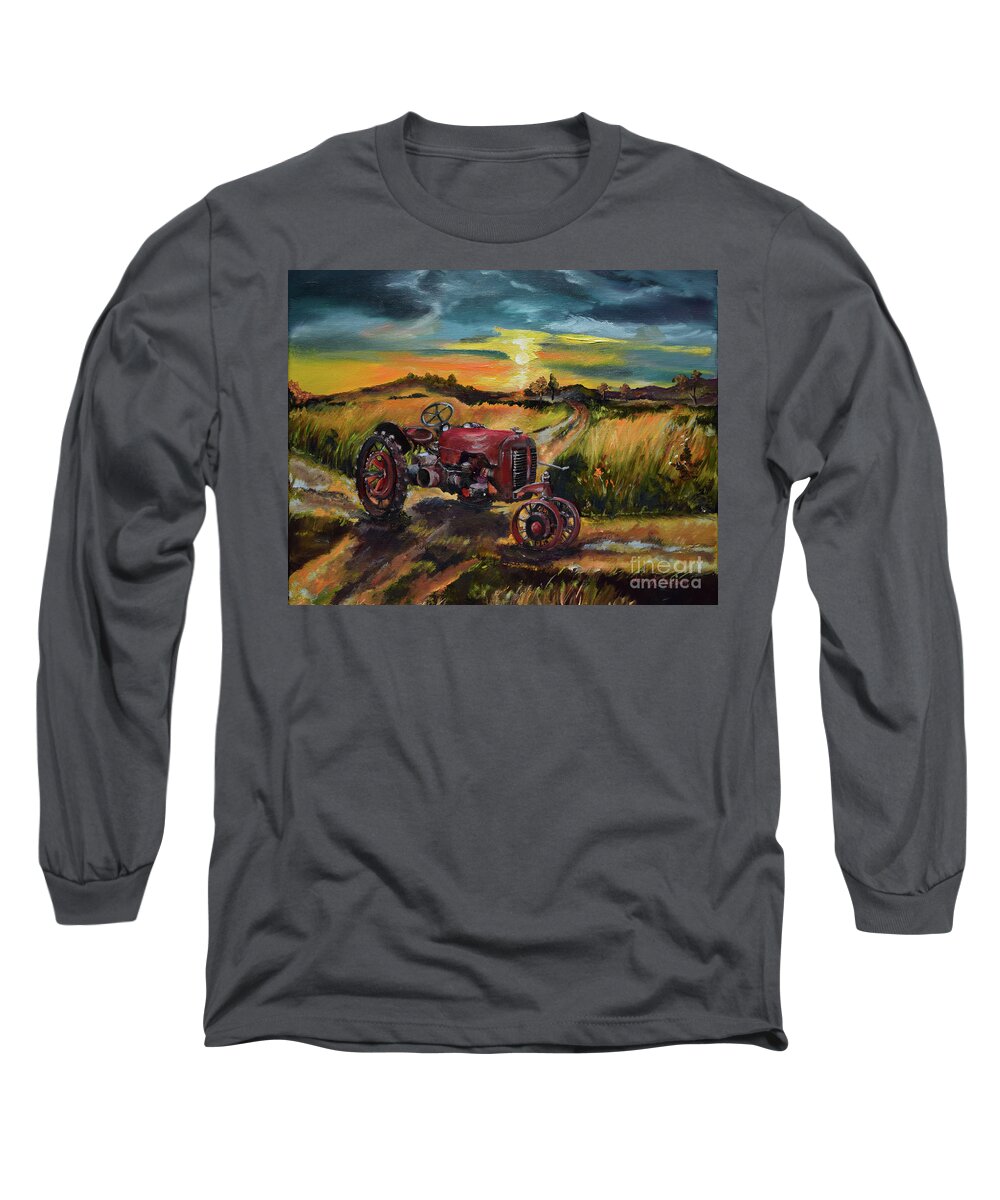 Tractor Long Sleeve T-Shirt featuring the painting Old Red at Sunset - Tractor by Jan Dappen
