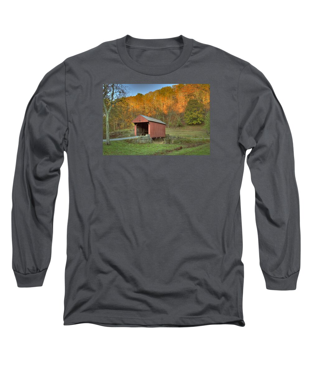 America Long Sleeve T-Shirt featuring the photograph Old Red or Walkersville Covered Bridge by Jack R Perry
