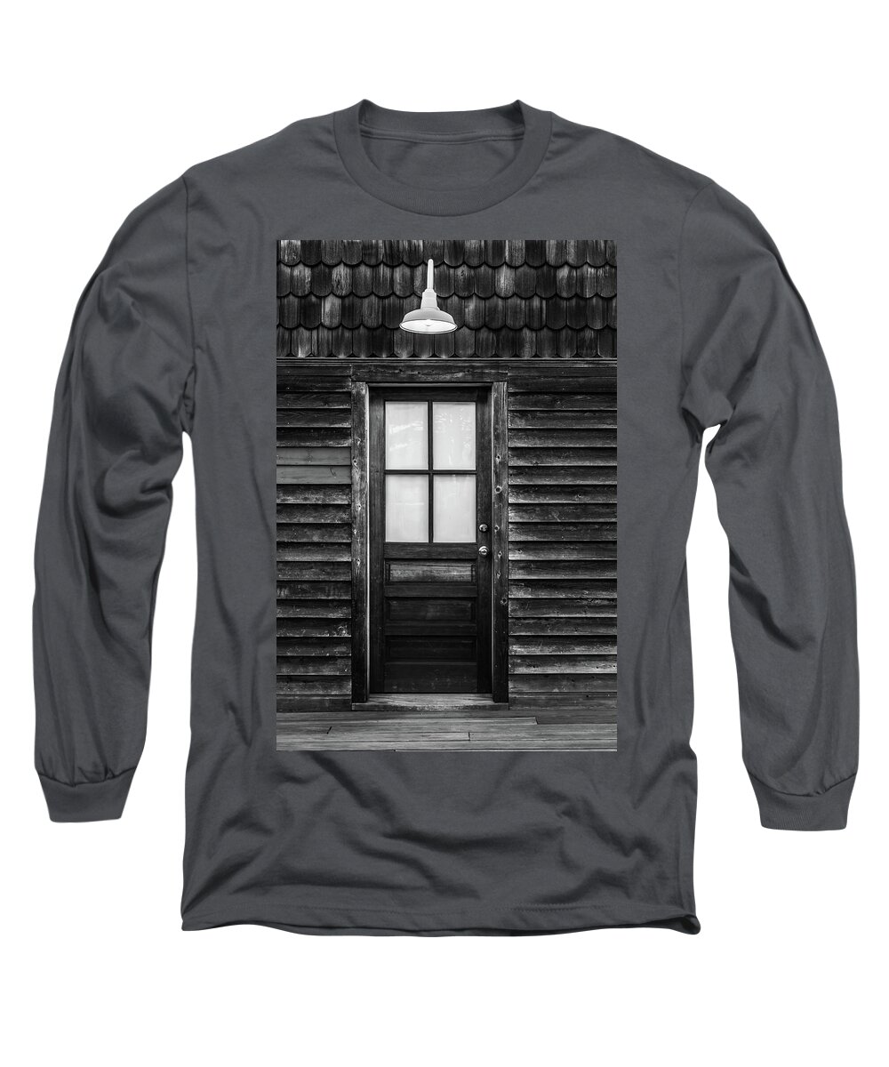 Terry D Photography Long Sleeve T-Shirt featuring the photograph Old Wood Door and Light Black and White by Terry DeLuco