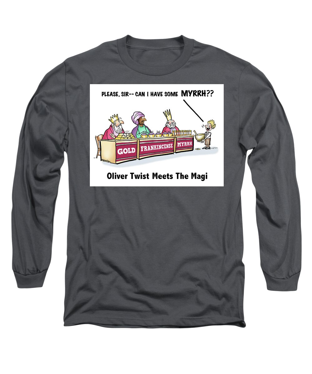 Christmas Long Sleeve T-Shirt featuring the digital art Oliver Wants Some Myrrh by Mark Armstrong