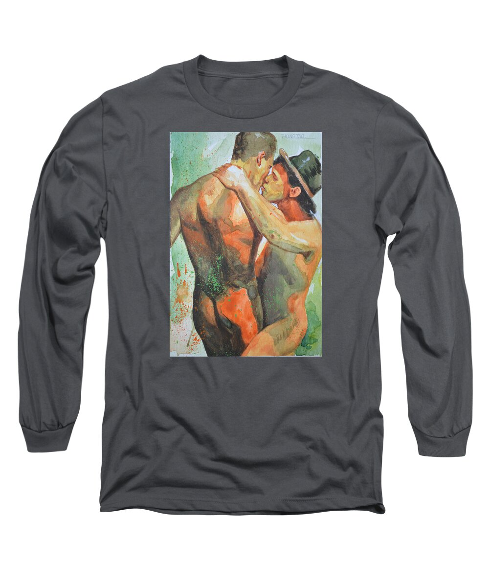 Original Art Long Sleeve T-Shirt featuring the painting Original Watercolor Painting Drawing Art Male Nude Gay Man On Paper#510-1 by Hongtao Huang
