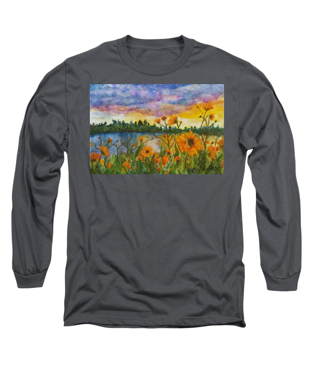 Sunset Long Sleeve T-Shirt featuring the painting Out of the Clouds by Cheryl Wallace
