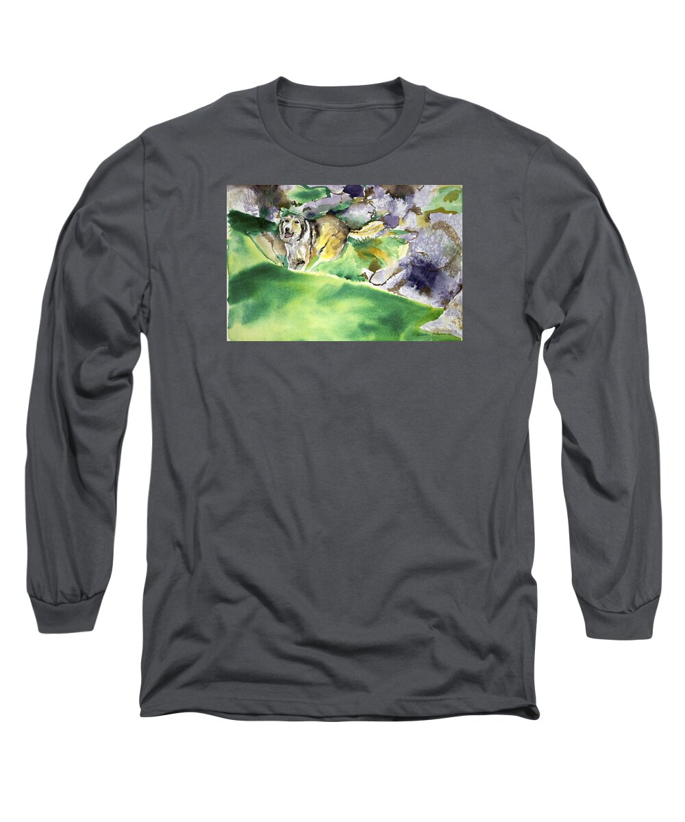  Long Sleeve T-Shirt featuring the painting Over the Hill with Shep by Kathleen Barnes
