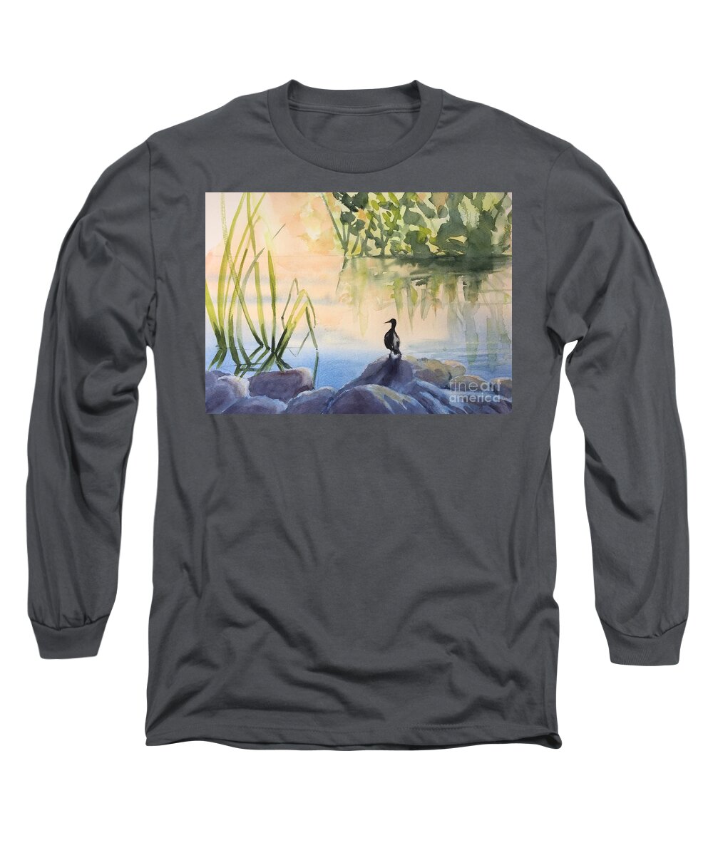 Duck Long Sleeve T-Shirt featuring the painting Overlooking the Lake by Watercolor Meditations