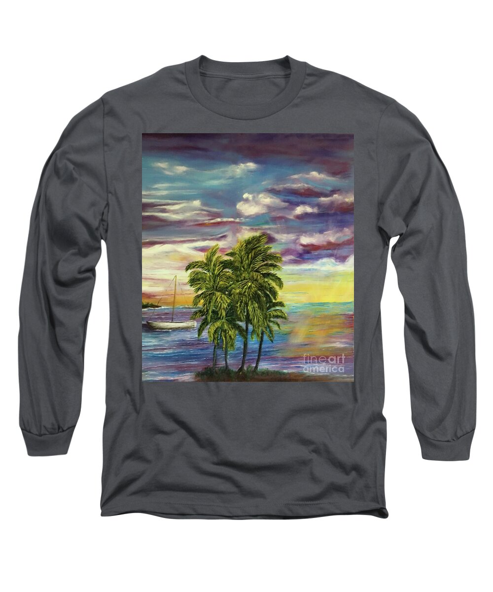 Brilliant Sunset Long Sleeve T-Shirt featuring the painting Palm Beach Lagoon by Michael Silbaugh