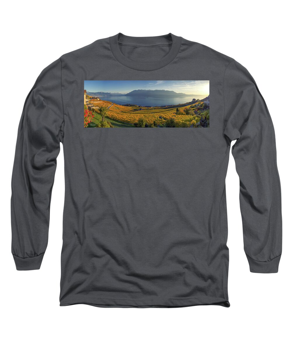 Vineyard Long Sleeve T-Shirt featuring the photograph Panorama on Lavaux region, Vaud, Switzerland by Elenarts - Elena Duvernay photo