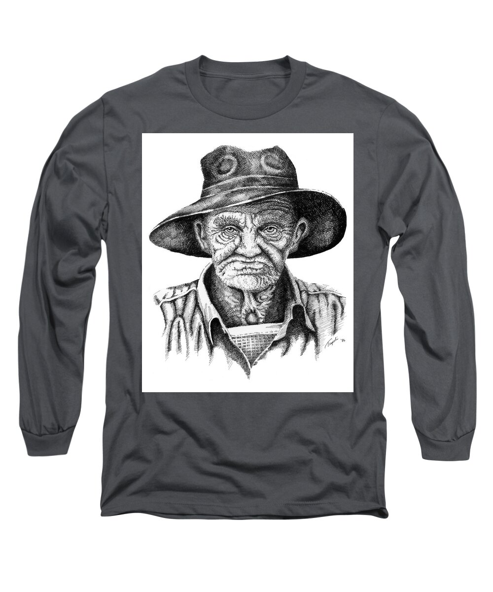 Western Long Sleeve T-Shirt featuring the drawing Pappy by Lawrence Tripoli