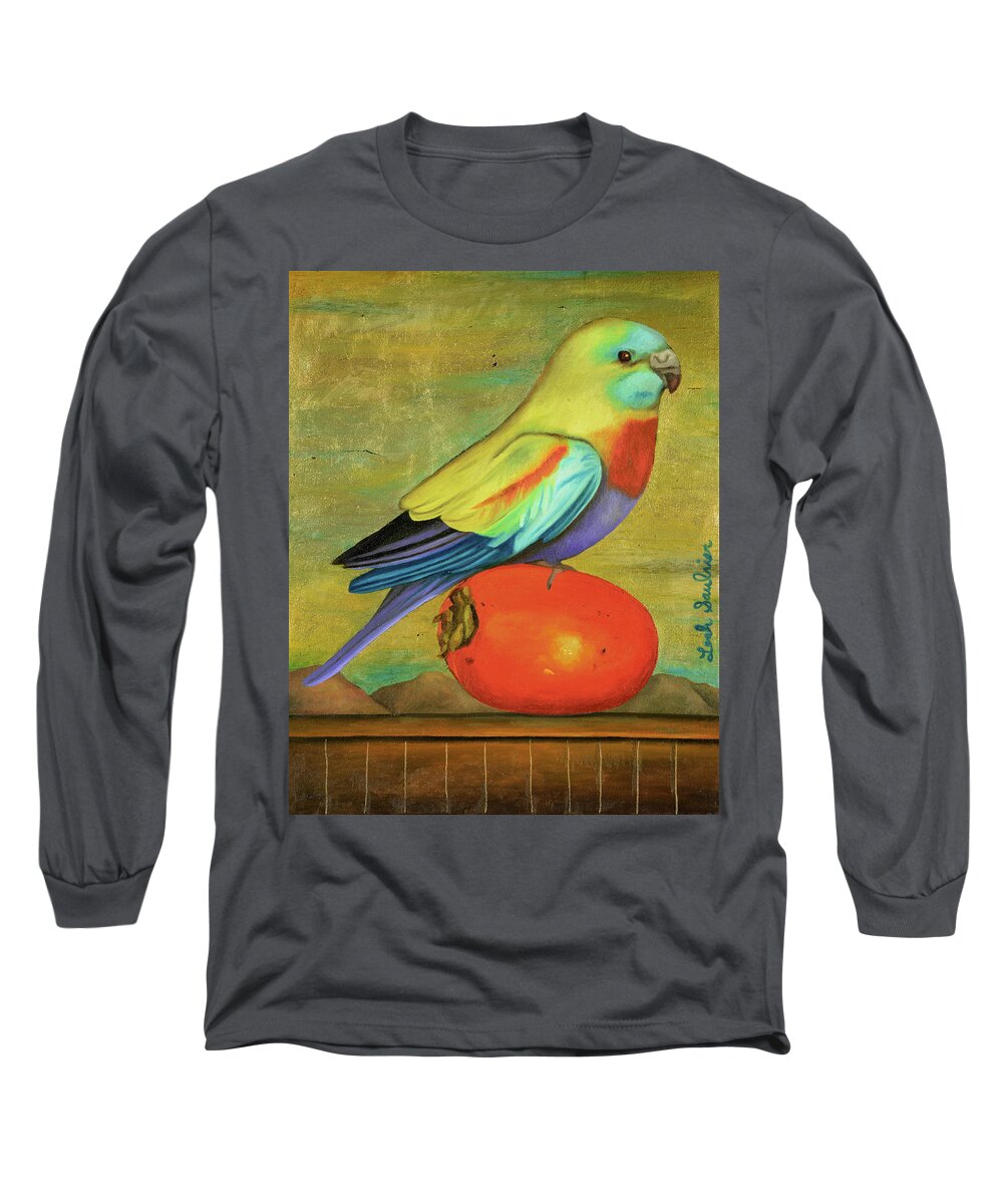Parakeet Long Sleeve T-Shirt featuring the painting Parakeet On A Persimmon by Leah Saulnier The Painting Maniac