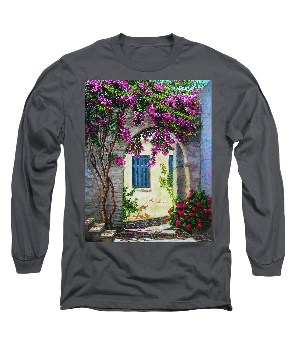 Paros Long Sleeve T-Shirt featuring the painting Garden Path in Paros, Greece by Marie Witte