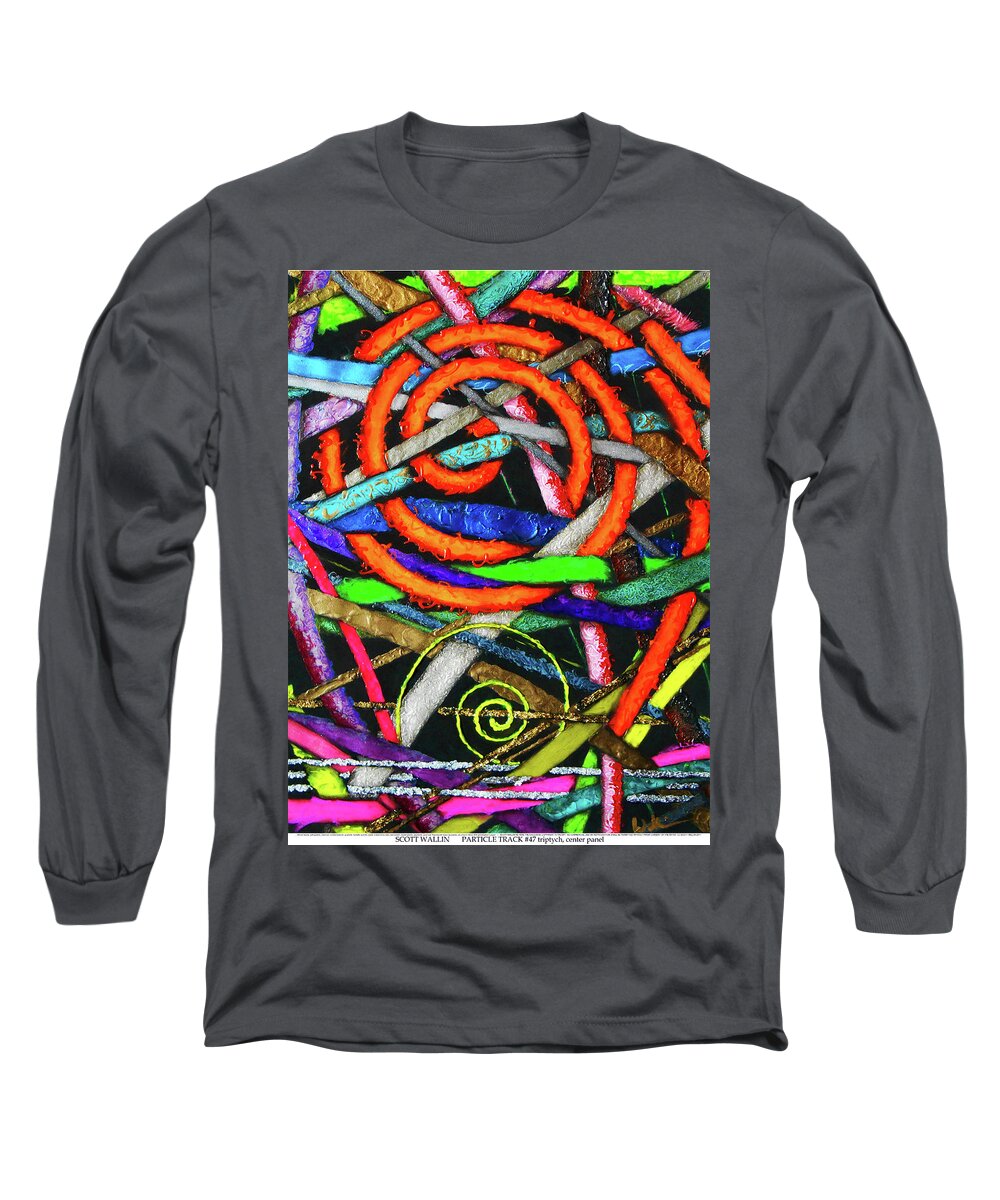 Abstract Long Sleeve T-Shirt featuring the painting Particle Track Forty-seven Triptych Center Panel by Scott Wallin