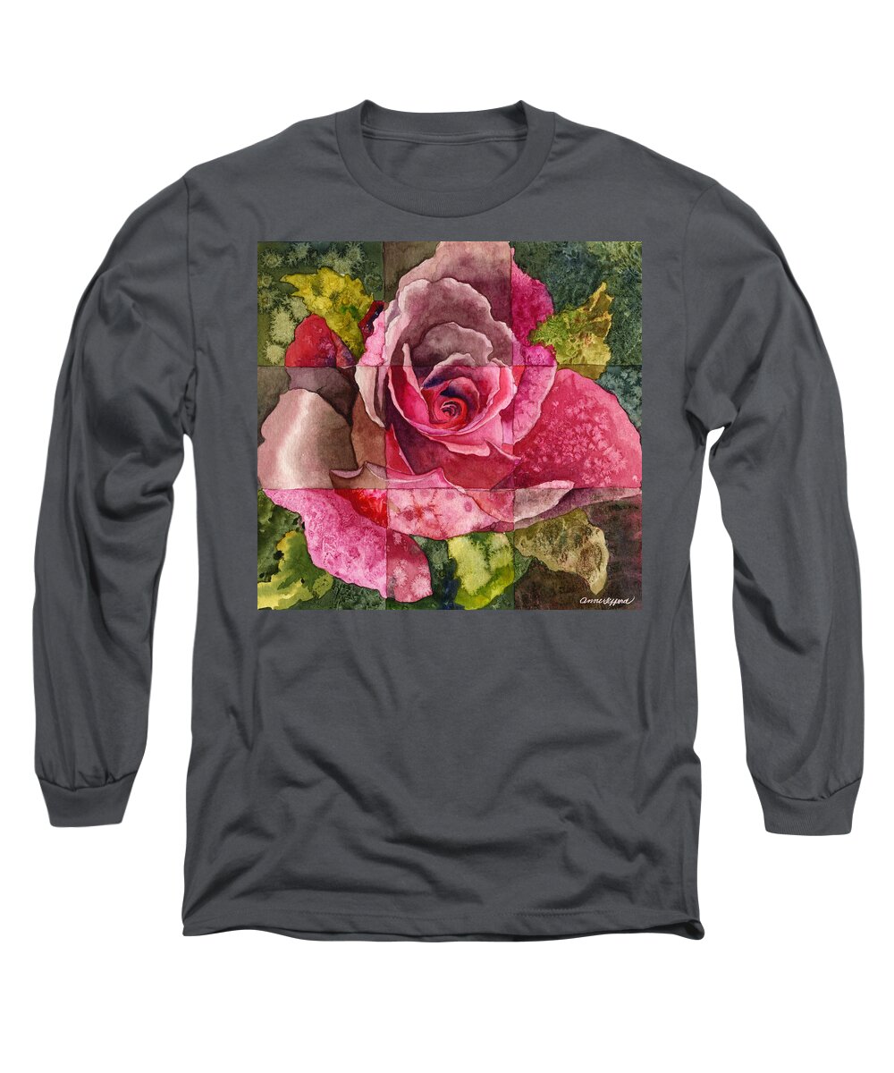 Red Rose Painting Long Sleeve T-Shirt featuring the painting Partitioned Rose III by Anne Gifford